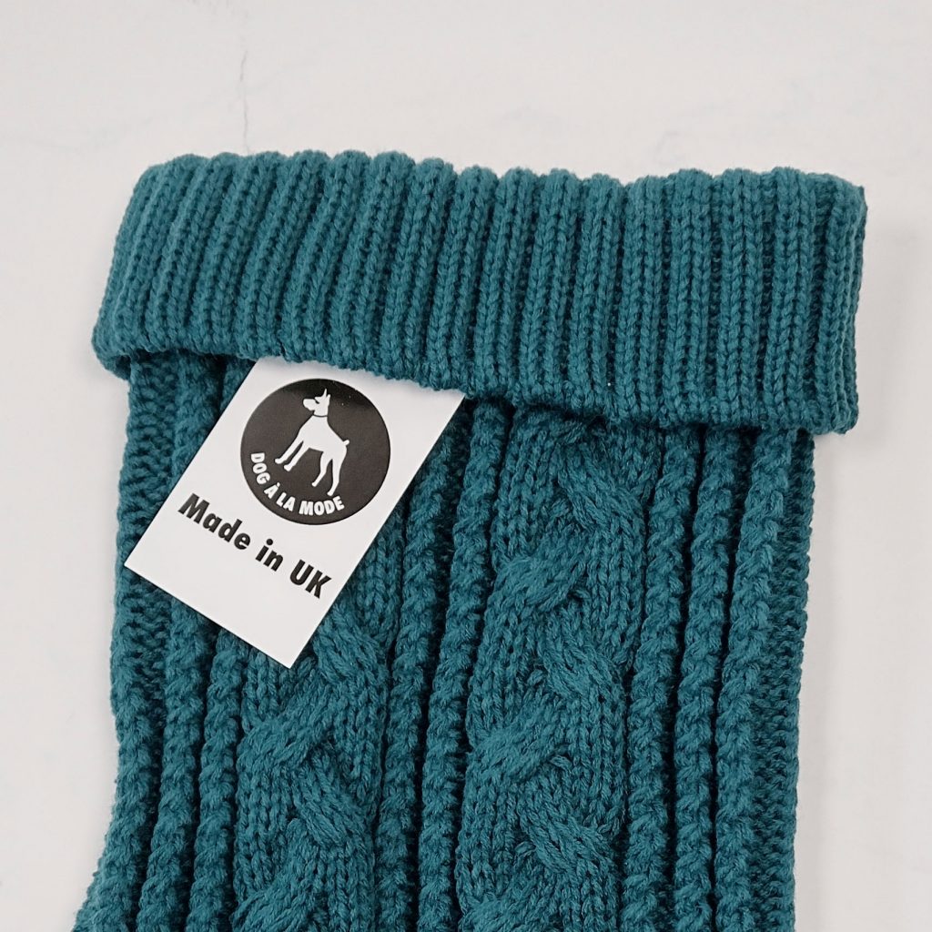 Dog A La Mode cable knit and sleeveless turquoise classic dog jumper close up top view