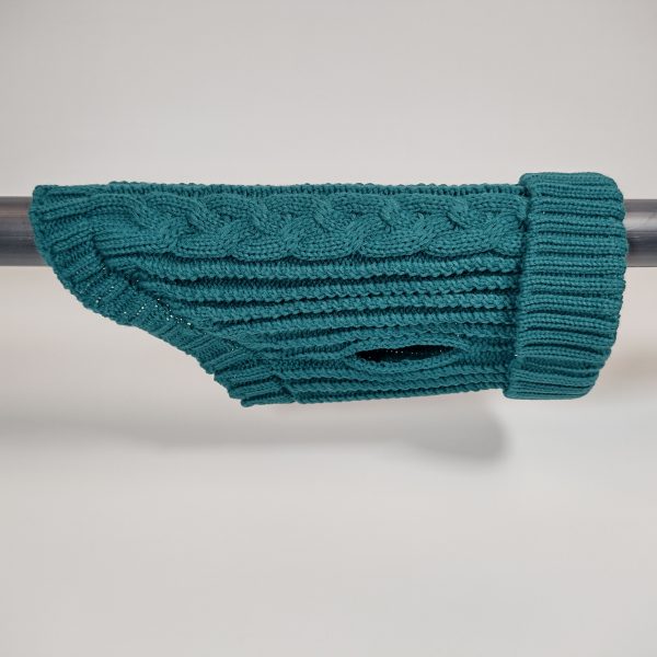 Dog A La Mode cable knitted and stretchy fit turquoise classic dog jumper on a stand