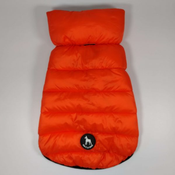 Dog A La Mode orange waterproof reversible dog puffer jacket back view
