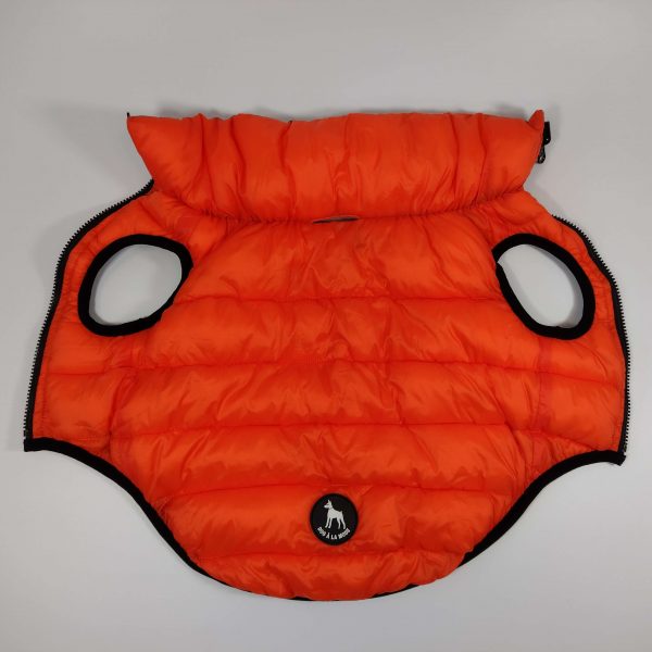 Dog A La Mode orange reversible waterproof dog puffer jacket opened back view