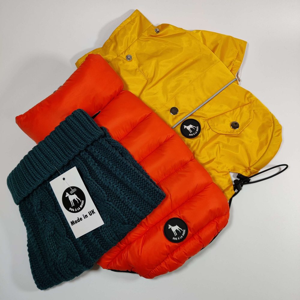 The Dog A La Mode Full WInter Collection including the new waterproof yellow dog Buddy raincoat, the orange reversible water resistant dog puffer jacket and the turquoise classic cable knitted dog jumper on the back view
