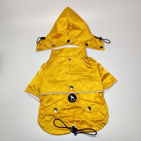 Dog A La Mode brand new fully weatherproof yellow raincoat with a breathable mesh lining and a detachable hood, shown from the back view with the Dog A La Mode logo