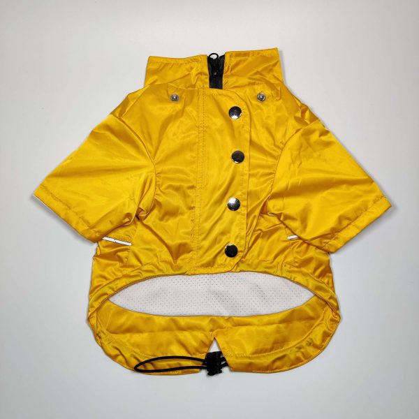 The front view of the brand new Dog A La Mode fully waterproof yellow raincoat with a breathable mesh lining and drawstrings without the detachable hood with the Dog A La Mode branded logo
