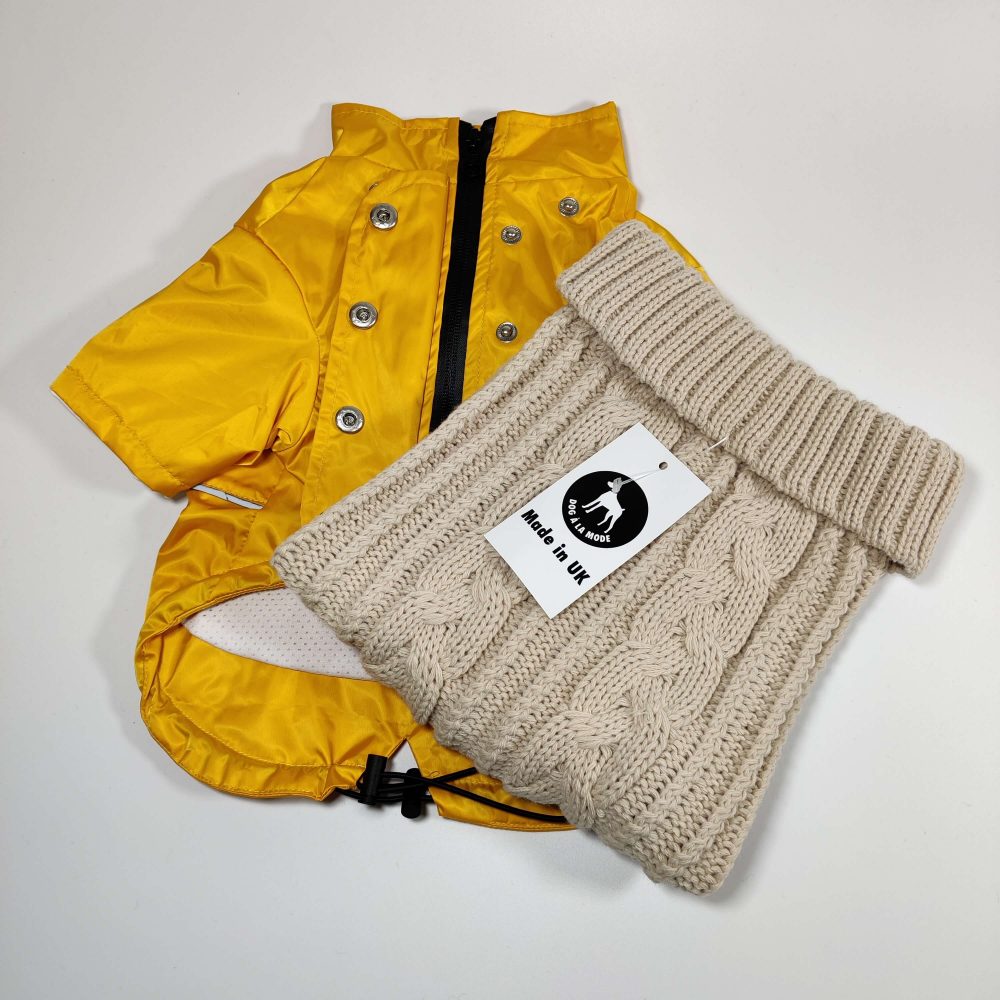 The Dog A La Mode fully waterproof yellow dog Buddy raincoat with a detachable hood and the beige classic cable knitted dog jumper collection