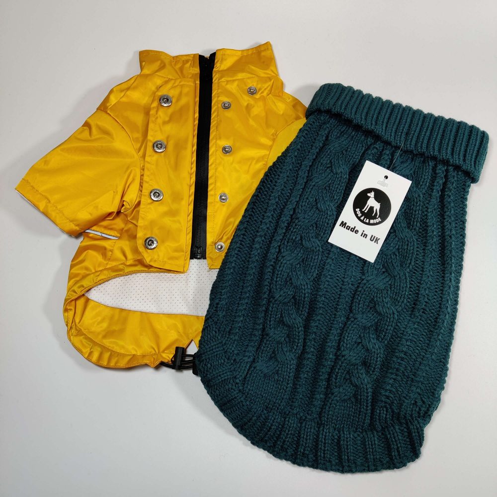 The Dog A La Mode fully waterproof yellow dog Buddy raincoat with a detachable hood and the turquoise classic cable knitted dog jumper collection