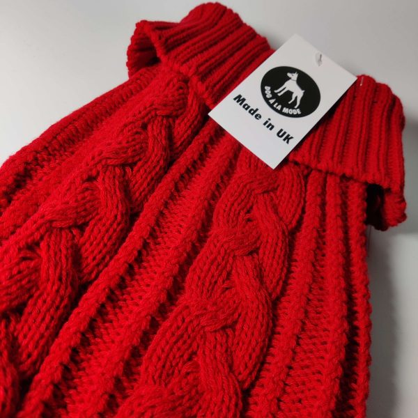 Dog A La Mode beautiful thick knitted red classic dog jumper to keep your dogs warm and cost all winter long