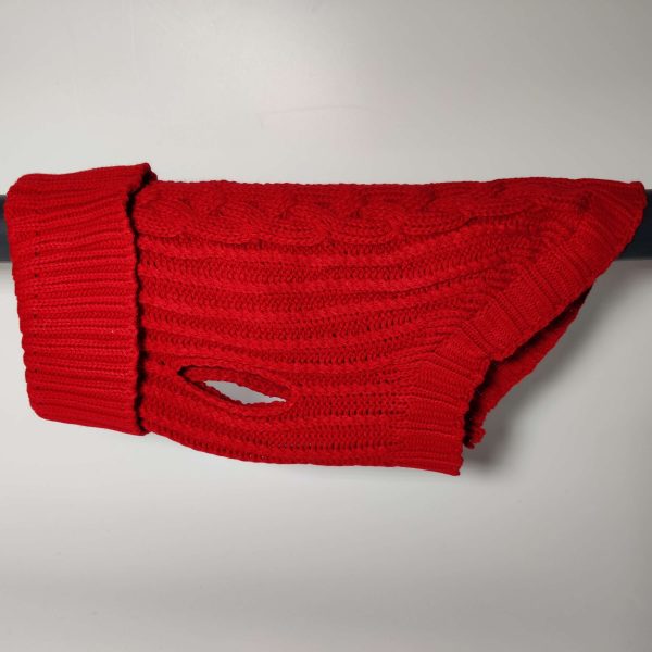 Dog A La Mode warm and cosy thick and cable knitted red classic dog jumper in the side view, perfect to keep any dogs warm and cosy all winter long