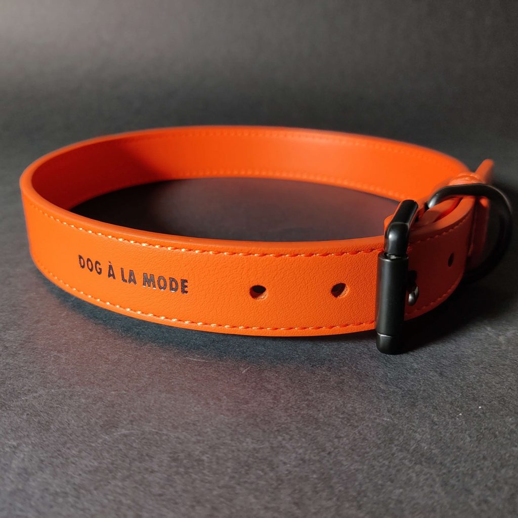 Dog A La Mode premium orange vegan leather dog collar with strong black buckles