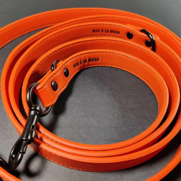 Dog A La Mode hands free and double ended orange vegan dog lead close up
